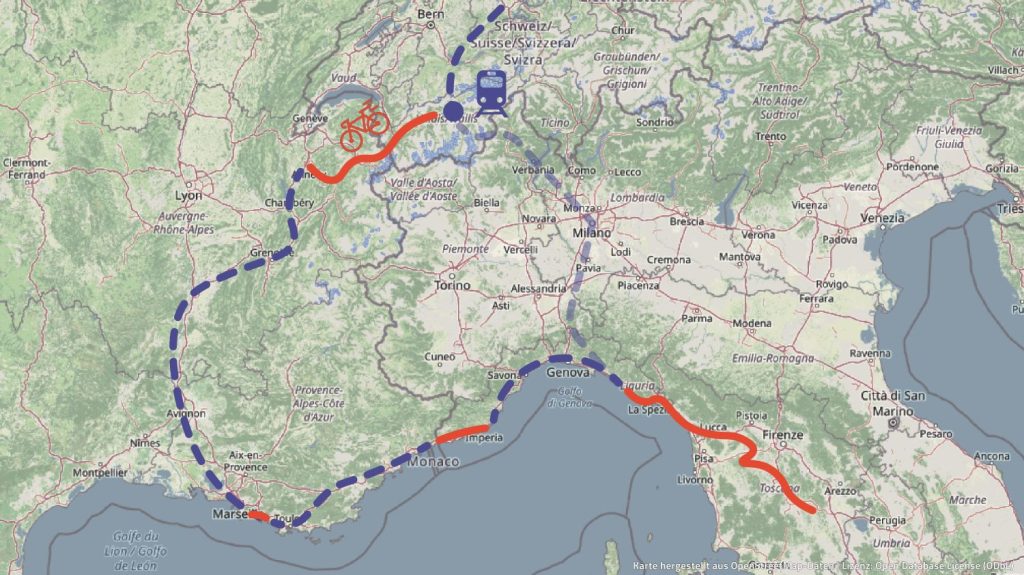 Route von den Alpen in die Toskana, Fahrrad- und Zugstrecken